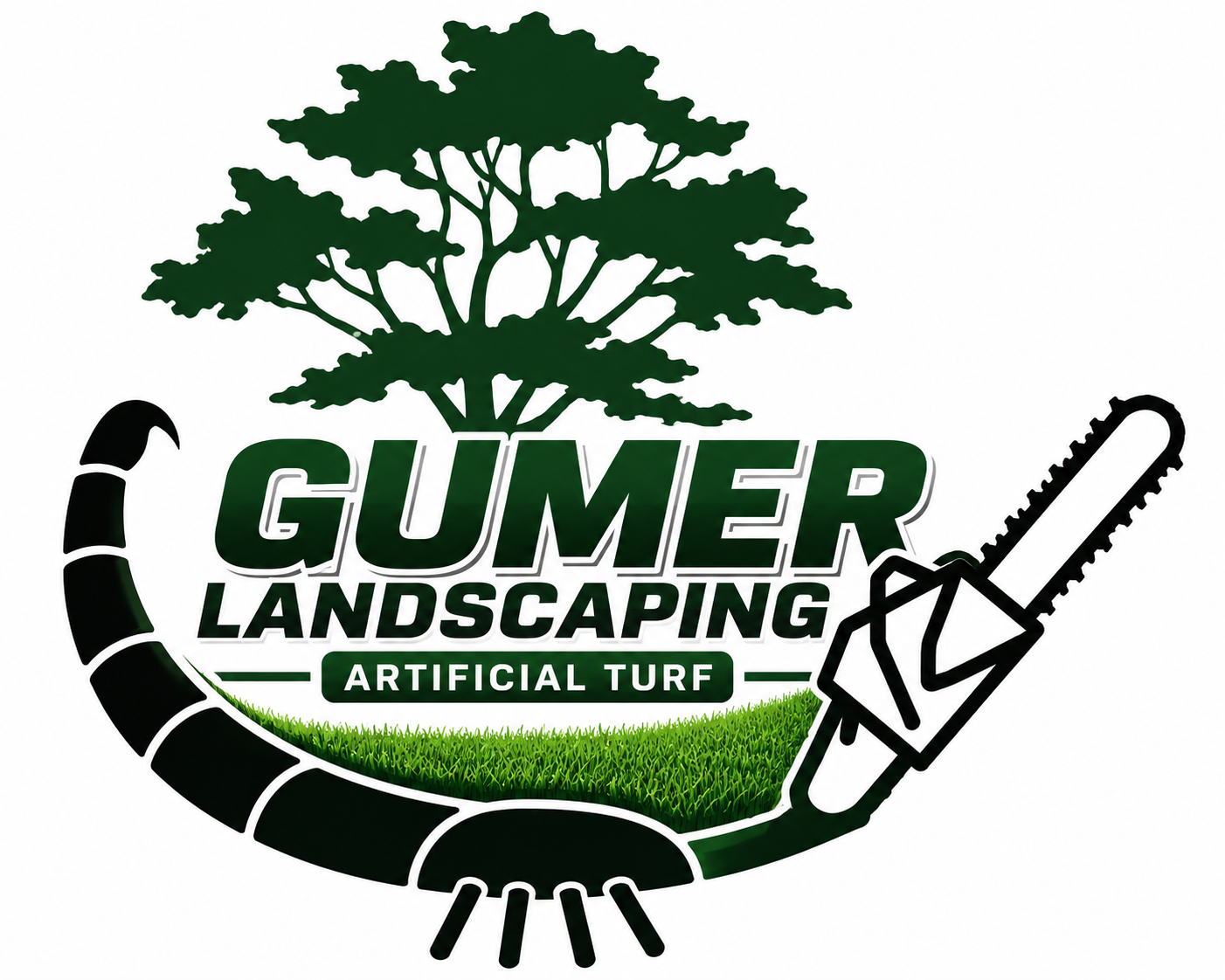 Creation Landscapes logo with oak tree, chainsaw and artificial turf